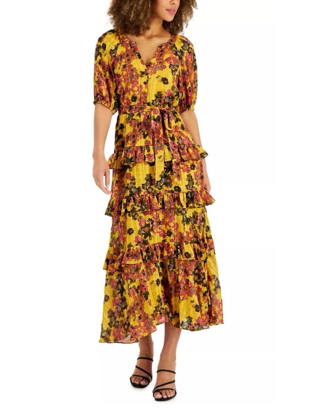 Taylor Mustard Floral Ruffle Tiered Dress